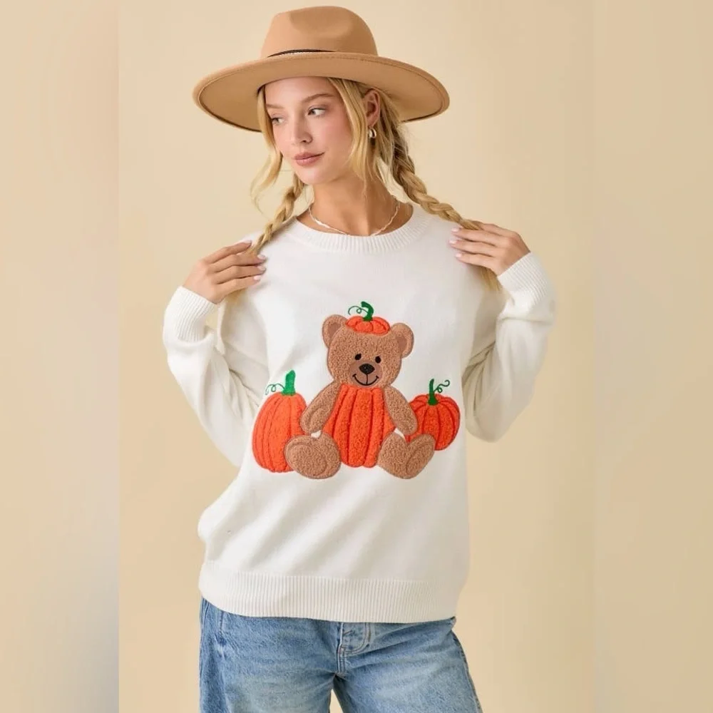 Textured Pumpkin Teddy Bear Embroidered Patchwork Sweater - Main Strip - Picture 2 of 6